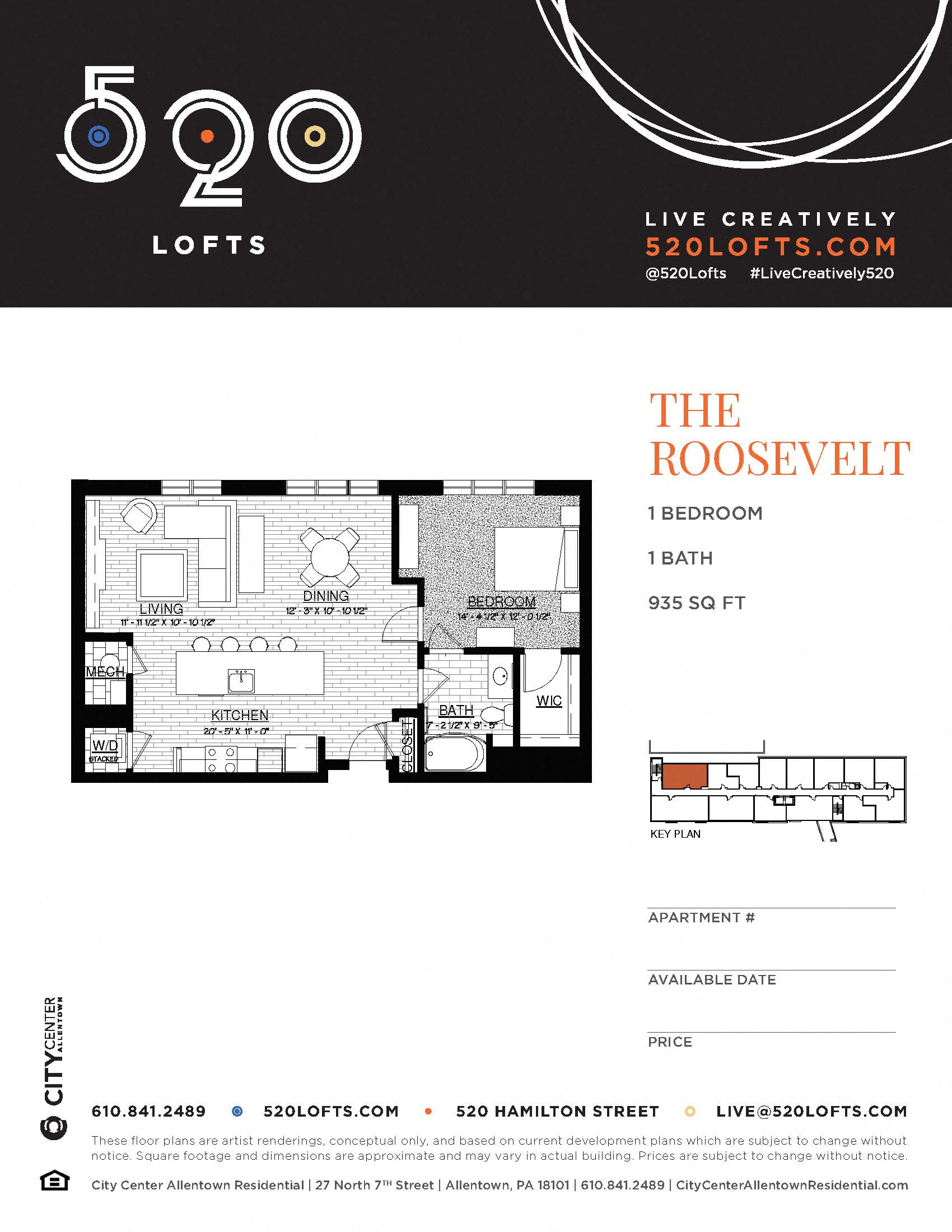 Floor plan for 1 bed, 1 bath, 935 sqft